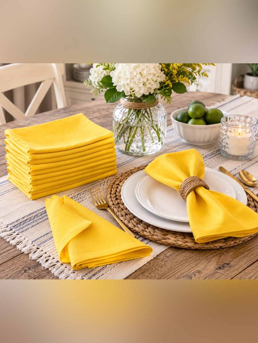 Set of 10 DII Daffodil Yellow 100% Cotton Cloth Dinner Napkins 20"x20"